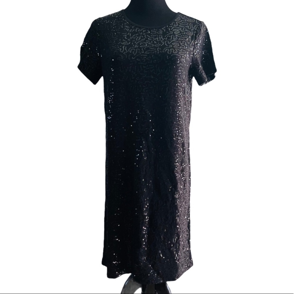 Scoop Sequin T-Shirt Dress, Black